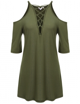 Army green V-Neck Solid Cross-straps Cold Shoulder Pleated Hem Tunics, Multicolor
Army green V-Neck Solid Cross-straps Cold Shoulder Pleated Hem Tunics, Multicolor