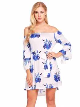 White blue Floral Flare Sleeve Off-shoulder Asymmetric Dress with Belt, Multicolor
White blue Floral Flare Sleeve Off-shoulder Asymmetric Dress with Belt, Multicolor