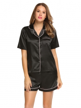Black Satin Short Sleeve Turn Down Collar Contrast Trim Pajamas Set, Multicolor
Black Satin Short Sleeve Turn Down Collar Contrast Trim Pajamas Set, Multicolor