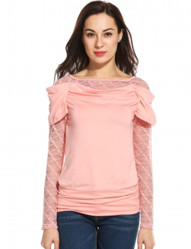 Pink Hollow Lace Patchwork Long Sleeve O-Neck Slim Pullover Top, Multicolor 
Pink Hollow Lace Patchwork Long Sleeve O-Neck Slim Pullover Top, Multicolor