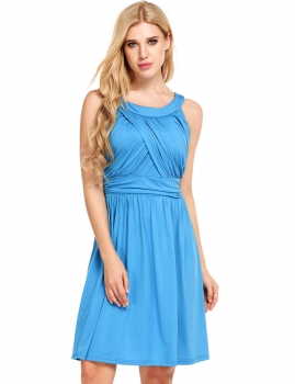 Blue Sleeveless Solid O Neck Ruched Wrap Dress, Multicolor