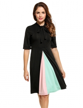 New Women Lace Up O-Neck Short Sleeve Patchwork Vintage Style Pleated Dress, Multicolor
New Women Lace Up O-Neck Short Sleeve Patchwork Vintage Style Pleated Dress, Multicolor