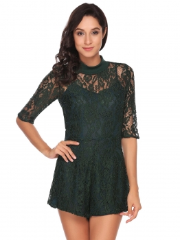 Dark green Stand Collar Half Sleeve Lace Slim Romper, Multicolor 
Dark green Stand Collar Half Sleeve Lace Slim Romper, Multicolor