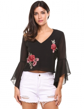 Black Flare Sleeve V Neck Floral Embroidery Backless Pullover Tops, Multicolor
Black Flare Sleeve V Neck Floral Embroidery Backless Pullover Tops, Multicolor
