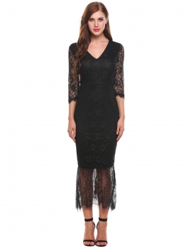 Black V-Neck Three Quarter Sleeve Floral Lace Mermaid Hem Maxi Dress, Multicolor 
Black V-Neck Three Quarter Sleeve Floral Lace Mermaid Hem Maxi Dress, Multicolor