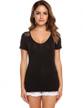 Black Women Casual V-Neck Short Sleeve Lace Patchwork Slim Fit T-Shirt, Multicolor
Black Women Casual V-Neck Short Sleeve Lace Patchwork Slim Fit T-Shirt, Multicolor