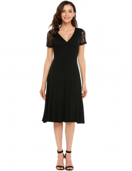 Black Surplice Neck Lace Patchwork Short Sleeve Solid Pleated Dress, Multicolor
Black Surplice Neck Lace Patchwork Short Sleeve Solid Pleated Dress, Multicolor