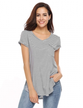 White and black Stripes Short Sleeve V Neck Loose Pocket Side Slit T-Shirt, Multicolor
White and black Stripes Short Sleeve V Neck Loose Pocket Side Slit T-Shirt, Multicolor