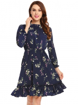 Dark blue Women Ruffled Collar Long Sleeve Hem Elastic Waist Floral Casual Dress, Multicolor
Dark blue Women Ruffled Collar Long Sleeve Hem Elastic Waist Floral Casual Dress, Multicolor