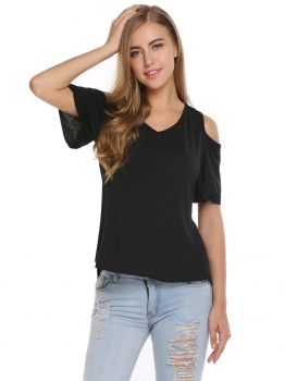 Black V-Neck Short Sleeve Solid Cold Shoulder Asymmetrical Hem T-shirt, Multicolor
Black V-Neck Short Sleeve Solid Cold Shoulder Asymmetrical Hem T-shirt, Multicolor