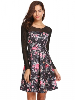 Black Women O-Neck Long Sleeve Mesh Patchwork Print Pleated Cocktail Party Dress, Multicolor
Black Women O-Neck Long Sleeve Mesh Patchwork Print Pleated Cocktail Party Dress, Multicolor