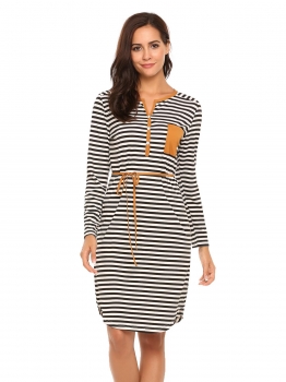 Black white Long Sleeve Notched Collar Striped Shift Dress with Belt, Multicolor
Black white Long Sleeve Notched Collar Striped Shift Dress with Belt, Multicolor