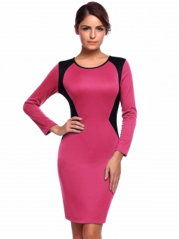 Red Long Sleeve Knee Length Patchwork O Neck Business Work Pencil Dress, Multicolor 
Red Long Sleeve Knee Length Patchwork O Neck Business Work Pencil Dress, Multicolor