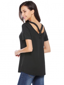Black Women Casual O-Neck Short Sleeve Solid Pocket Back Crossing Straps Sexy T-shirt, Multicolor
Black Women Casual O-Neck Short Sleeve Solid Pocket Back Crossing Straps Sexy T-shirt, Multicolor