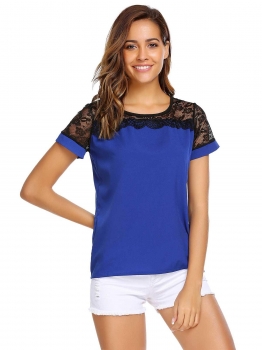 Blue O-Neck Short Sleeve Lace Patchwork Chiffon Tops, Multicolor 
Blue O-Neck Short Sleeve Lace Patchwork Chiffon Tops, Multicolor