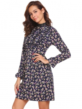 Navy blue Stand Collar Long Sleeve Ruffles Floral Ruched Waist Casual Party Dress, Multicolor
Navy blue Stand Collar Long Sleeve Ruffles Floral Ruched Waist Casual Party Dress, Multicolor