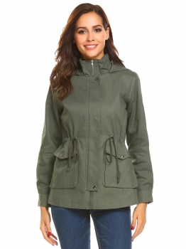 Army green Women Hooded Drawstring Waist Solid Casual Military Jacket w" Pocket, Multicolor