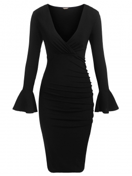 Black Vintage Wrap Front V-Neck Long Flare Sleeve Ruched Bodycon Party Dress, Multicolor
Black Vintage Wrap Front V-Neck Long Flare Sleeve Ruched Bodycon Party Dress, Multicolor