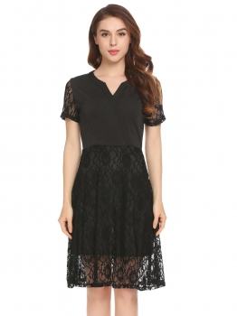 Black V-Neck Short Sleeve Lace Patchwork A-Line Pleated Hem Swing Going Out Dress, Multicolor
Black V-Neck Short Sleeve Lace Patchwork A-Line Pleated Hem Swing Going Out Dress, Multicolor