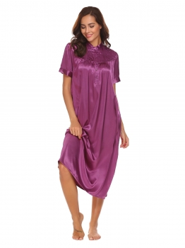 Purple Sleepwear Mandarin Collar Short Sleeve Pleated Front Loose Satin Nightgown, Multicolor
Purple Sleepwear Mandarin Collar Short Sleeve Pleated Front Loose Satin Nightgown, Multicolor