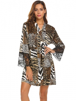 Coffee Women Long Sleeve Lace-trimmed Leopard Sleepwear Robe with Belt, Multicolor
Coffee Women Long Sleeve Lace-trimmed Leopard Sleepwear Robe with Belt, Multicolor