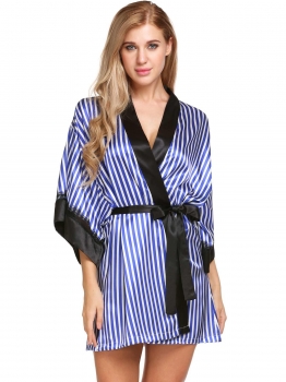 Blue Womens 3"4 Lace Sleeve Striped Patchwork Contrast Color Satin Robe With Belt, Multicolor
Blue Womens 3"4 Lace Sleeve Striped Patchwork Contrast Color Satin Robe With Belt, Multicolor