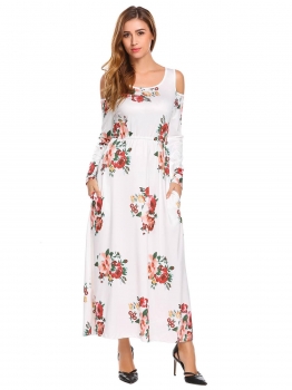 White Women Round Neck Cold Shoulder Long Sleeve Floral Printed Slim Waist Maxi Dress, Multicolor
White Women Round Neck Cold Shoulder Long Sleeve Floral Printed Slim Waist Maxi Dress, Multicolor