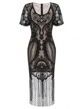 Black Short Sleeve 1920s V Neck Vintage Styles Lace Patchwork Flapper Fringe Party Dress, Multicolor
Black Short Sleeve 1920s V Neck Vintage Styles Lace Patchwork Flapper Fringe Party Dress, Multicolor