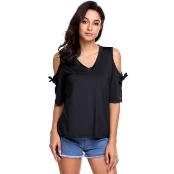 

Black Women Casual Half Sleeve Cold Shoulder V Neck Solid Loose Pullover T-Shirt Tops, Multicolor