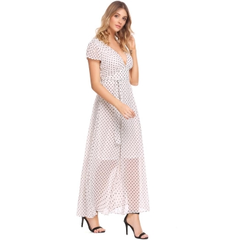 

White Women Plunging Empire Waist Short Sleeve Polka Dot Chiffon Maxi Dress, Multicolor
