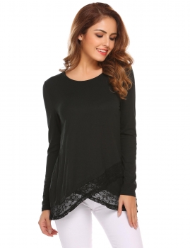 

Black Women Casual O-Neck Long Sleeve Lace Patchwork Asymmetrical Hem Blouse T-shirt Tops, Multicolor