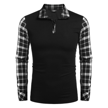 

Black Men Turn Down Collar Long Sleeve Plaid Patchwork T-Shirt Top Shirts, Multicolor