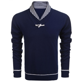 

Blue Men Shawl Collar Patchwork Slim Fit Casual Thin Knit Pullover Sweater, Multicolor