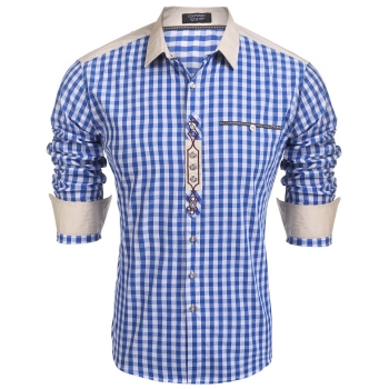 

Blue Men Slim Fit Long Sleeve Plaid Patchwork Button Down Casual Shirts, Multicolor