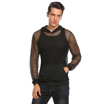 

Black Men Hooded Sexy Hollow Out Perspective T Shirt Long Sleeve Fishnet, Multicolor