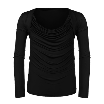 

Black Men Cowl Collar Long Sleeve Draped Solid Casual T-Shirts, Multicolor