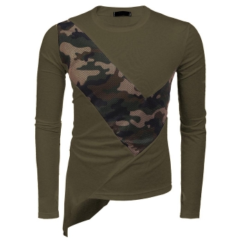 

Army green Men Round Collar Long Sleeve Asymmetric Hem Camo Mesh Patchwork Casual T-Shirts, Multicolor