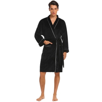 

Black Men Plush Shawl Long Sleeve Kimono Bathrobe with Belt, Multicolor