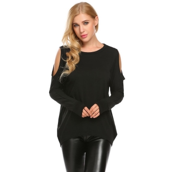 

Black Women Casual O-Neck Long Sleeve Cold the Shoulder Asymmetrical Hem Sexy Blouse T-shirt, Multicolor