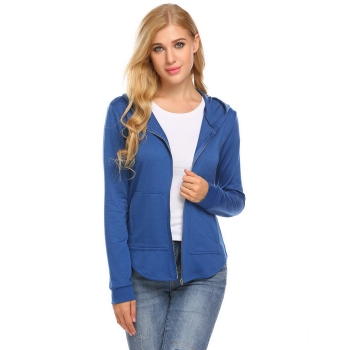 

Blue Women Casual Hooded Long Sleeve Solid Asymmetrical Hem Zipper Pocket, Multicolor