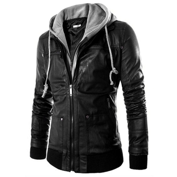 

Men Casual Hooded Long Sleeve Solid Fleece Slim Leather Coat, Multicolor