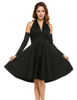 

Black New Women Sexy V-Neck Backless Solid Pleated Halter Dress with Two Separate Sleeves, Multicolor