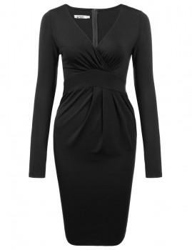 

Black New Women Sexy V-Neck Long Sleeve Solid Pleated Party Going Out Dresses, Multicolor