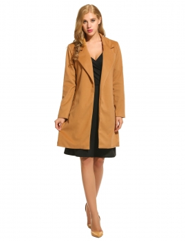 

Khaki Long Sleeve Turn Down Collar Open Stitch Solid Long Coat, Multicolor