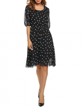 

Black Half Sleeve Polka Dots Chiffon Pleated Dress, Multicolor