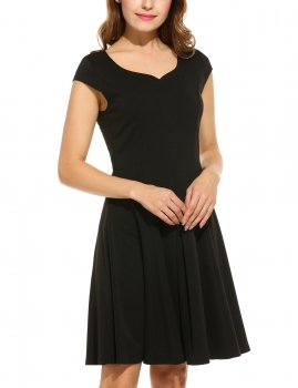 

Black Women Casual Heart V-Neck Cap Sleeve Solid Pleated Dress, Multicolor