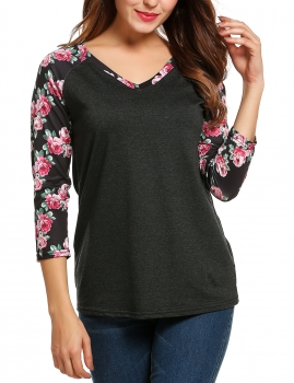 

Dark gray V-Neck Long Sleeve Prints Patchwork Pleated Tunics, Multicolor