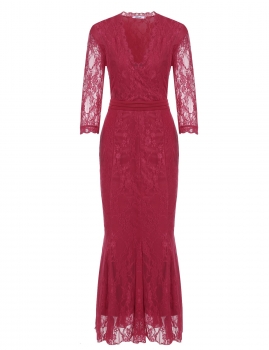 

Wine red 3"4 Sleeve Lace Empire Waist Plus Size Evening Dress, Multicolor