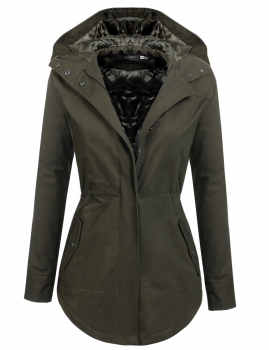 

Army green Hooded Drawstring Waist Zip Up Military Quilted Coats, Multicolor