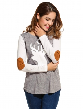 

Gray New Women O-Neck Long Sleeve Elbow Patch Animal Printing Patchwork Tops, Multicolor